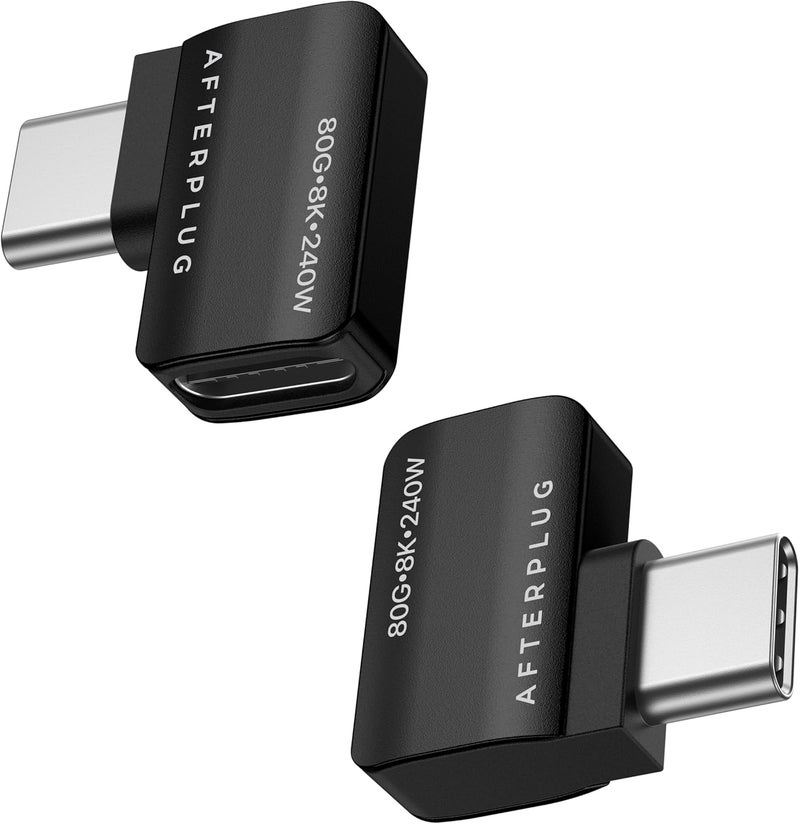 Afterplug 90 Degree USB C Extension Adapter, USB-C Male to Female, Thunderbolt 3/4/5 Extender, 80Gbps, 8K Video, 240W PD, Not for Thick Cases (2-Pack), Space Black - Image 1